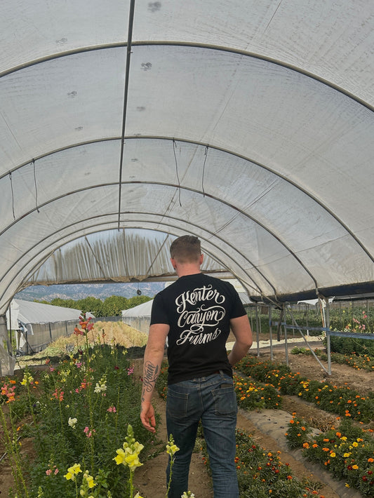 Man walking through a greenhouse with plants and flowers